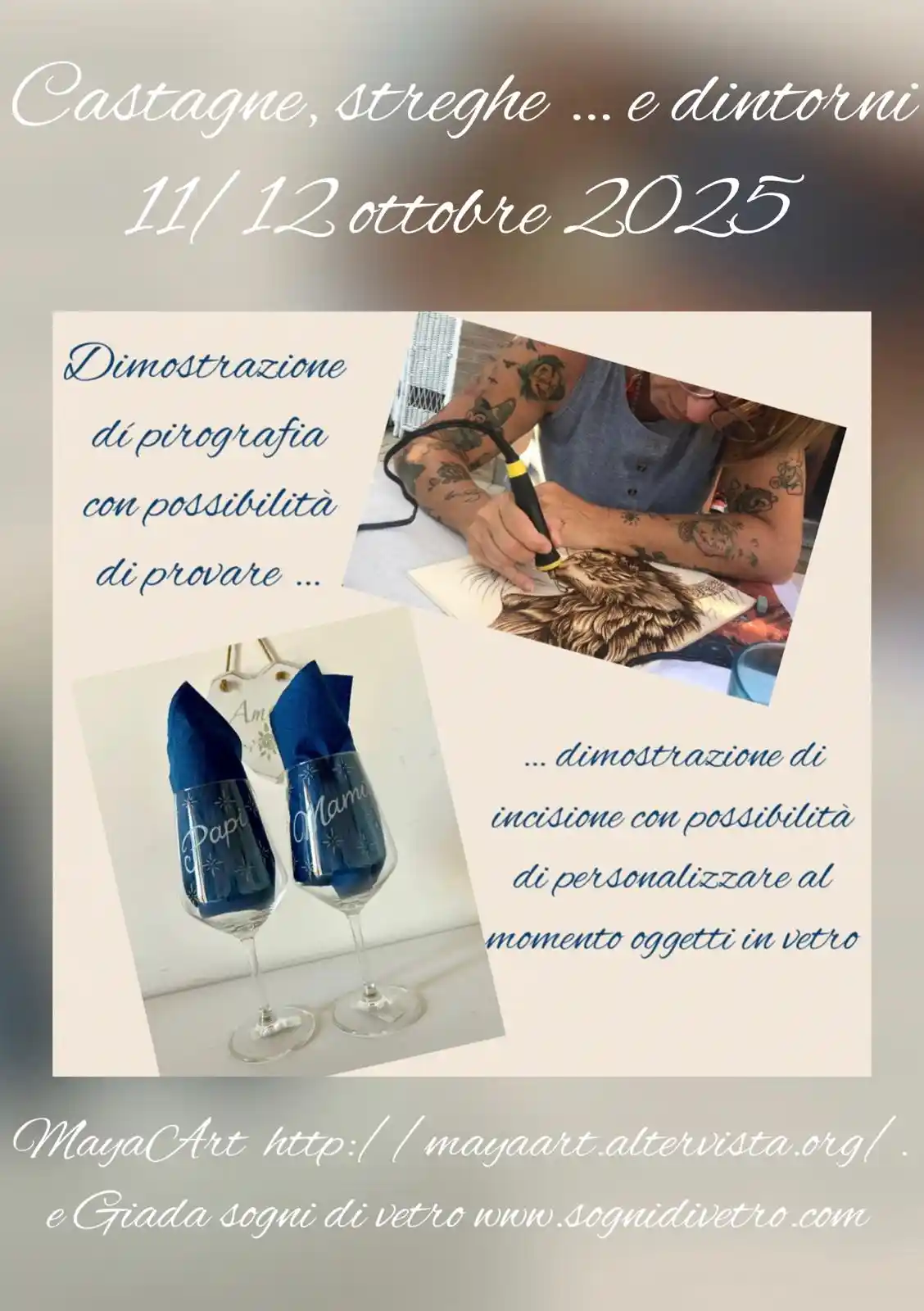 Locandina dimostrazione pirografia e incisione su vetro