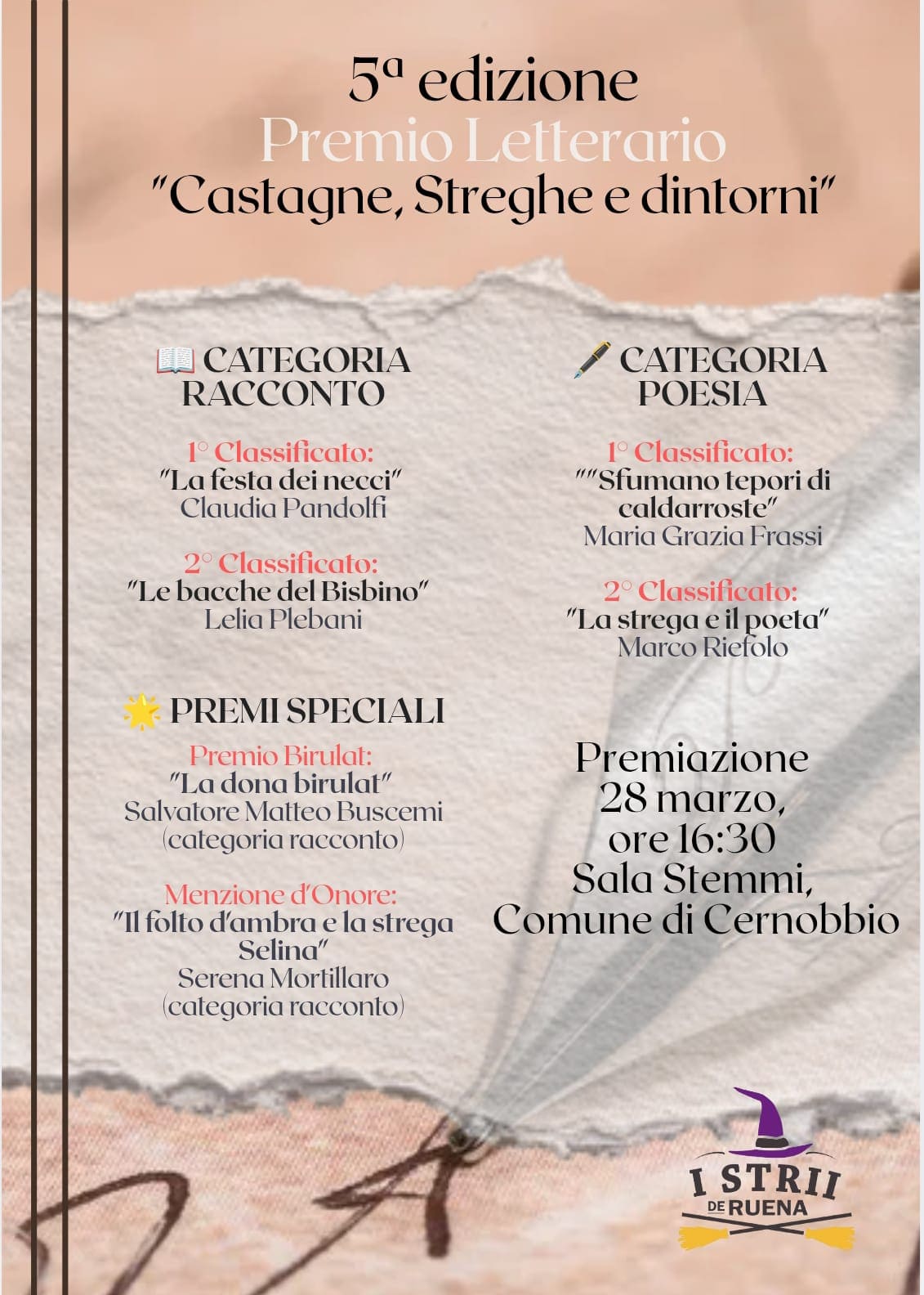 Locandina vincitori del 5° Premio Letterario I Strii de Ruena 2025 - elenco dei premiati nelle categorie Poesia, Racconto e Premi Speciali